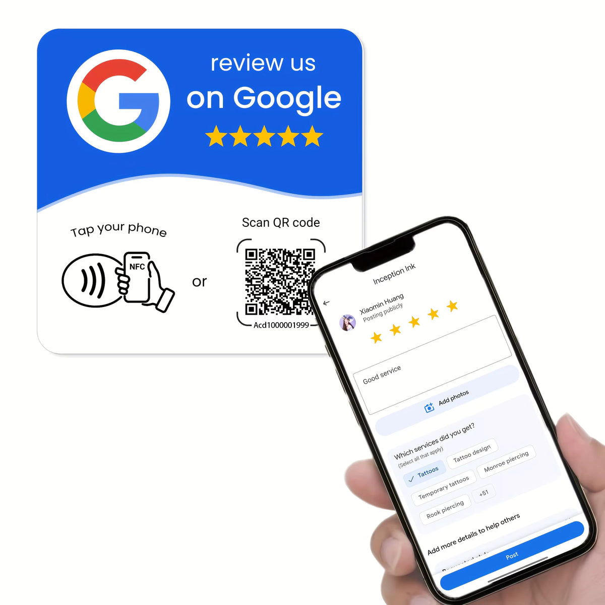 Tarjeta adhesiva NFC Google Reviews con móvil