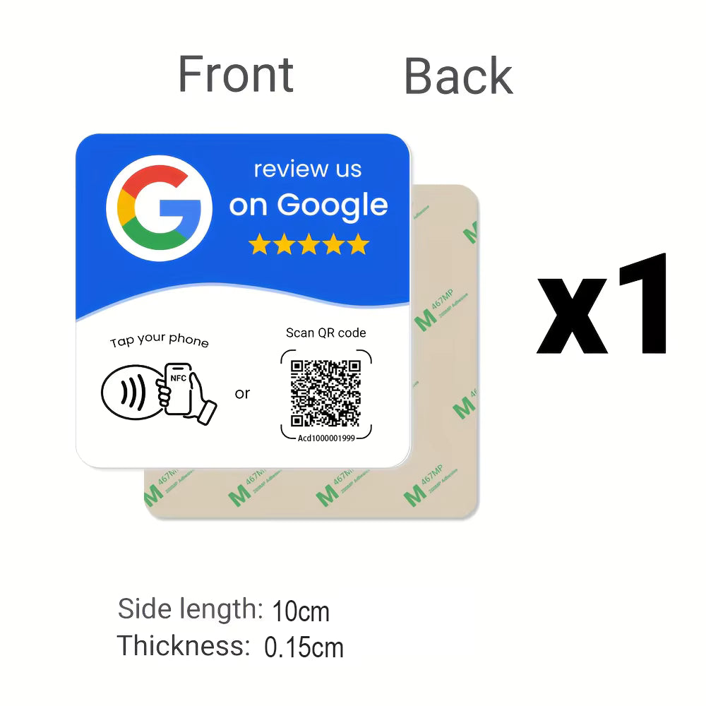 Tarjeta adhesiva NFC Google Reviews - frontal y trasera